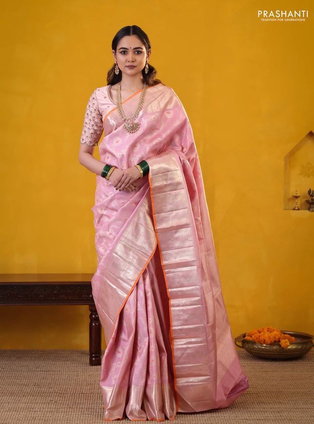 Pastel Pink-Orange Pure Kanchipuram Silk Saree With Allover Zari Weaves