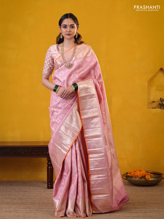 Pastel Pink-Orange Pure Kanchipuram Silk Saree With Allover Zari Weaves