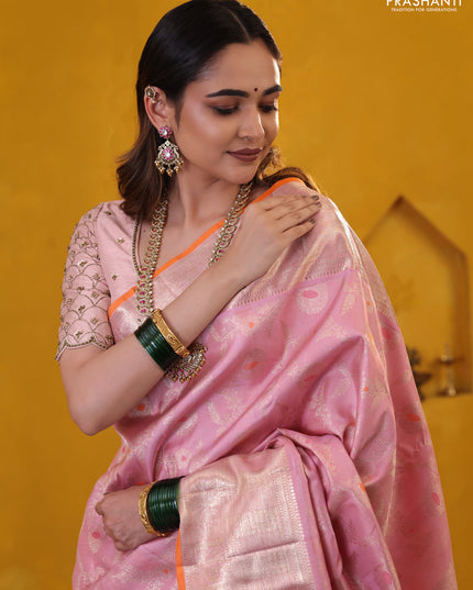 Pastel Pink-Orange Pure Kanchipuram Silk Saree With Allover Zari Weaves