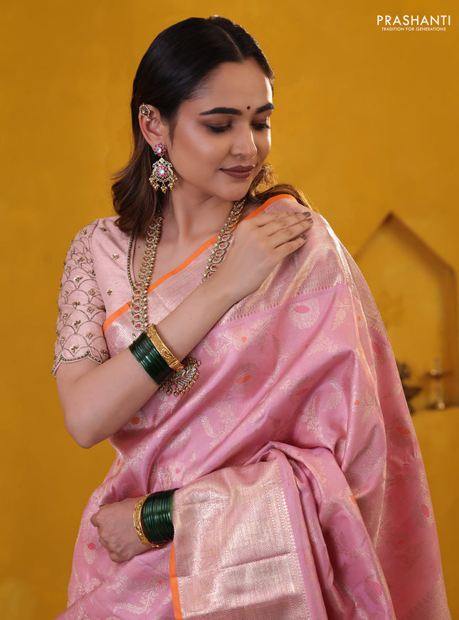 Pastel Pink-Orange Pure Kanchipuram Silk Saree With Allover Zari Weaves