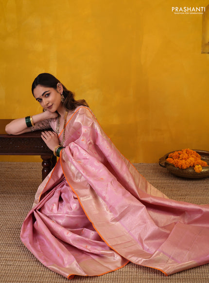 Pastel Pink-Orange Pure Kanchipuram Silk Saree With Allover Zari Weaves