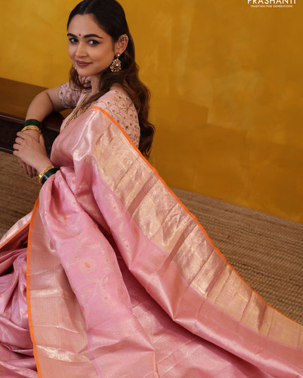 Pastel Pink-Orange Pure Kanchipuram Silk Saree With Allover Zari Weaves
