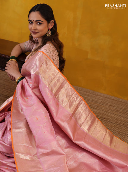 Pastel Pink-Orange Pure Kanchipuram Silk Saree With Allover Zari Weaves