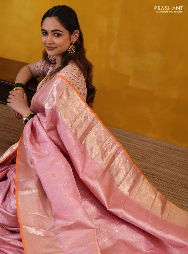 Pastel Pink-Orange Pure Kanchipuram Silk Saree With Allover Zari Weaves