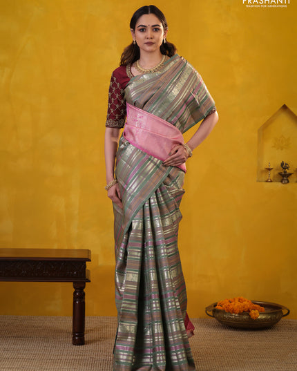 Pastel Green Pure Kanchipuram Silk Saree With Thread & Zari Stripes Pattern