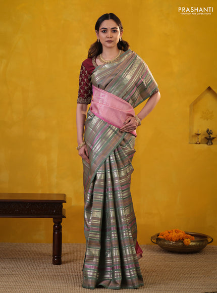 Pastel Green Pure Kanchipuram Silk Saree With Thread & Zari Stripes Pattern