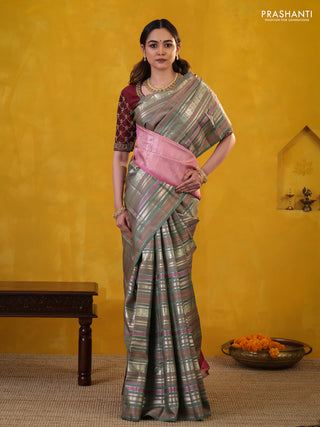 Pastel Green Pure Kanchipuram Silk Saree With Thread & Zari Stripes Pattern