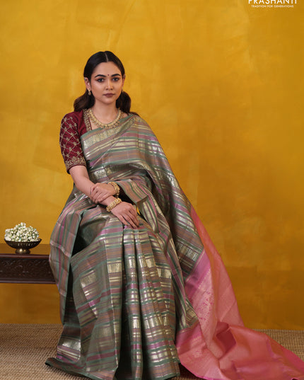 Pastel Green Pure Kanchipuram Silk Saree With Thread & Zari Stripes Pattern