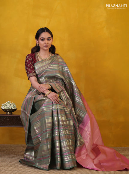 Pastel Green Pure Kanchipuram Silk Saree With Thread & Zari Stripes Pattern