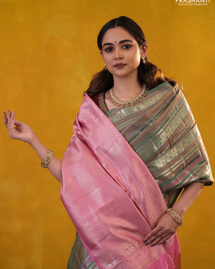 Pastel Green Pure Kanchipuram Silk Saree With Thread & Zari Stripes Pattern