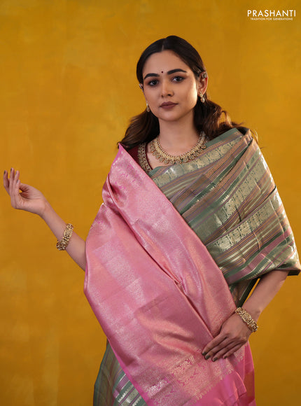 Pastel Green Pure Kanchipuram Silk Saree With Thread & Zari Stripes Pattern