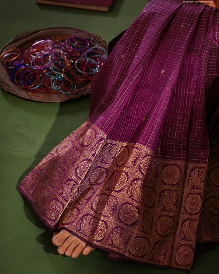 Purple Pure Kanchipuram Silk Saree With Allover Zari Checked Pattern