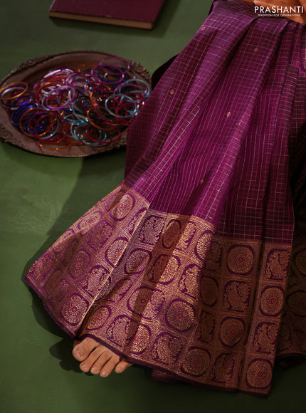 Purple Pure Kanchipuram Silk Saree With Allover Zari Checked Pattern