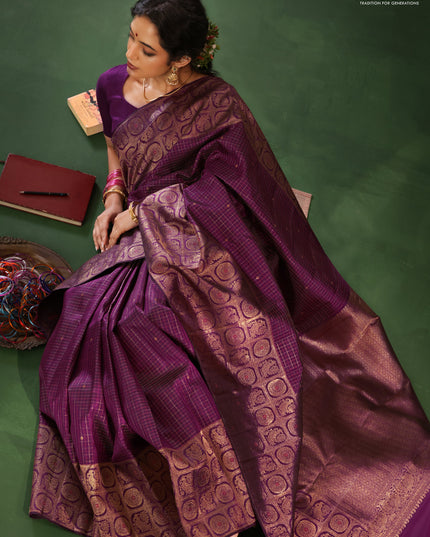 Purple Pure Kanchipuram Silk Saree With Allover Zari Checked Pattern