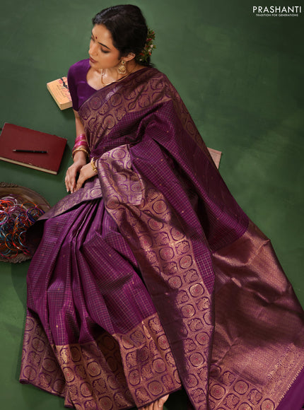 Purple Pure Kanchipuram Silk Saree With Allover Zari Checked Pattern