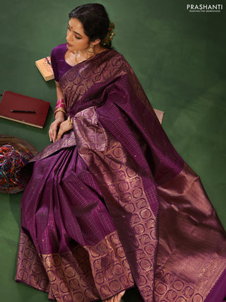 Purple Pure Kanchipuram Silk Saree With Allover Zari Checked Pattern