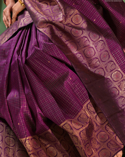 Purple Pure Kanchipuram Silk Saree With Allover Zari Checked Pattern