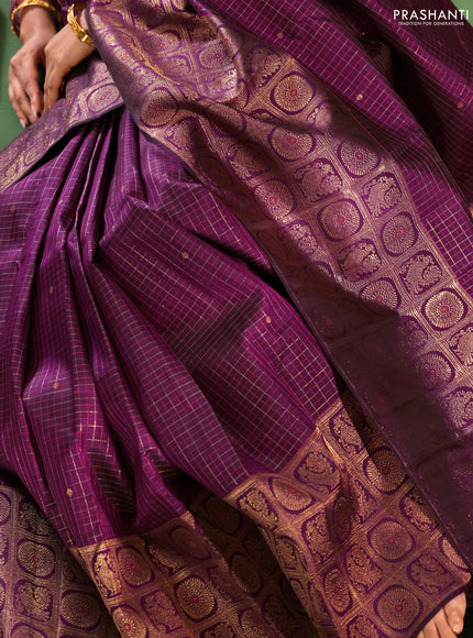 Purple Pure Kanchipuram Silk Saree With Allover Zari Checked Pattern