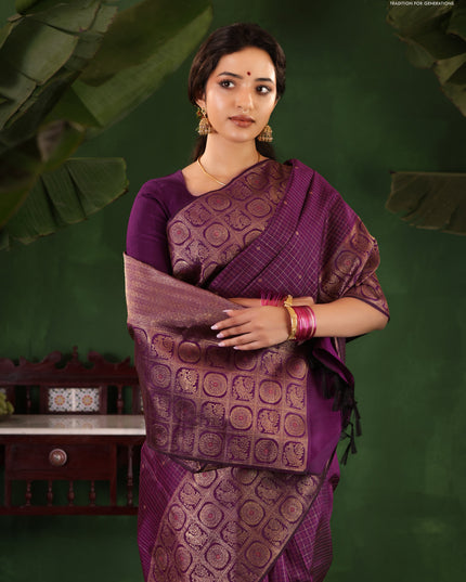 Purple Pure Kanchipuram Silk Saree With Allover Zari Checked Pattern