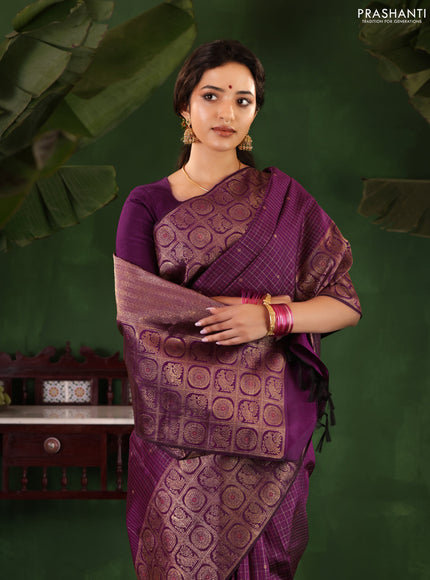 Purple Pure Kanchipuram Silk Saree With Allover Zari Checked Pattern