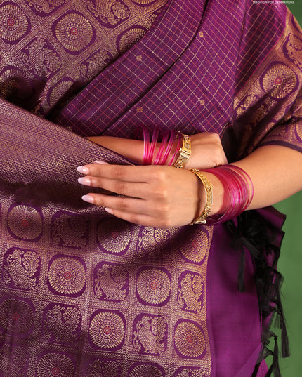 Purple Pure Kanchipuram Silk Saree With Allover Zari Checked Pattern
