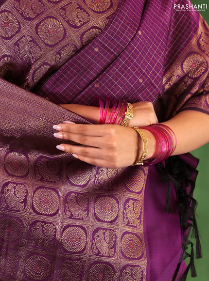 Purple Pure Kanchipuram Silk Saree With Allover Zari Checked Pattern