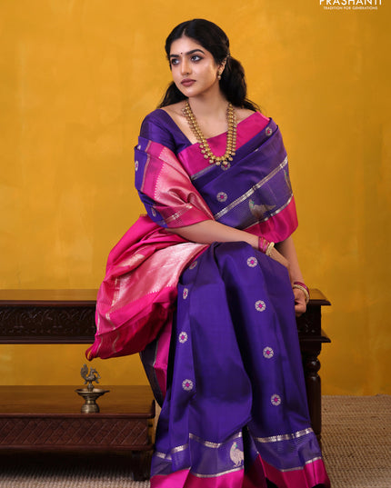 Blue-Pink Pure Kanchipuram silk saree With Zari buttas