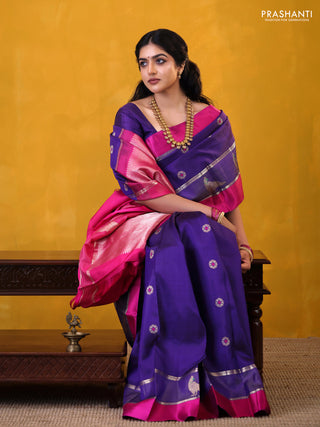 Blue-Pink Pure Kanchipuram silk saree With Zari buttas