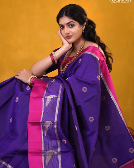 Blue-Pink Pure Kanchipuram silk saree With Zari buttas