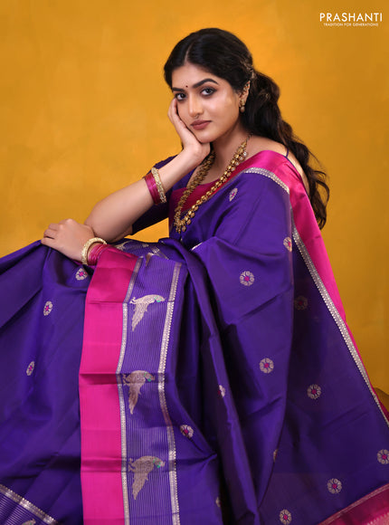 Blue-Pink Pure Kanchipuram silk saree With Zari buttas