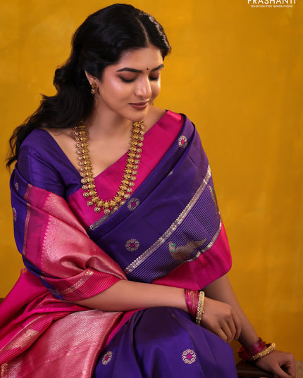 Blue-Pink Pure Kanchipuram silk saree With Zari buttas