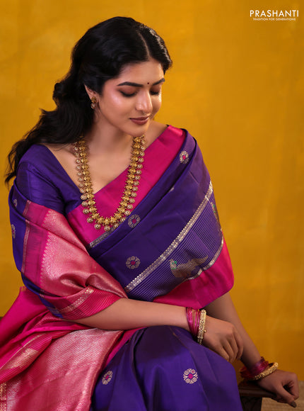 Blue-Pink Pure Kanchipuram silk saree With Zari buttas