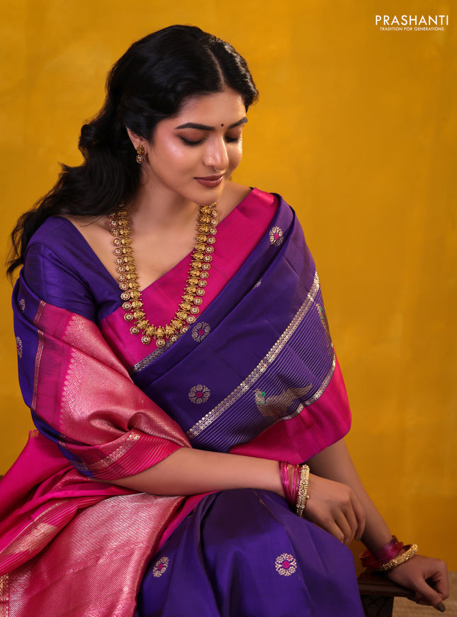 Blue-Pink Pure Kanchipuram silk saree With Zari buttas
