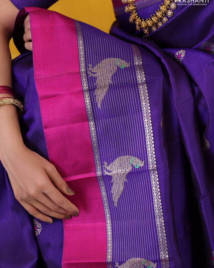 Blue-Pink Pure Kanchipuram silk saree With Zari buttas