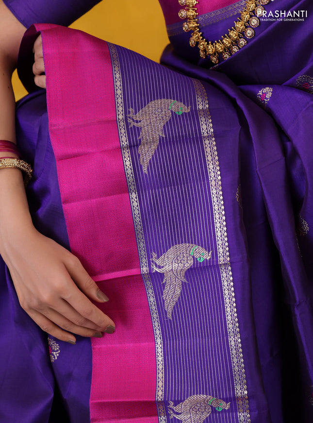 Blue-Pink Pure Kanchipuram silk saree With Zari buttas
