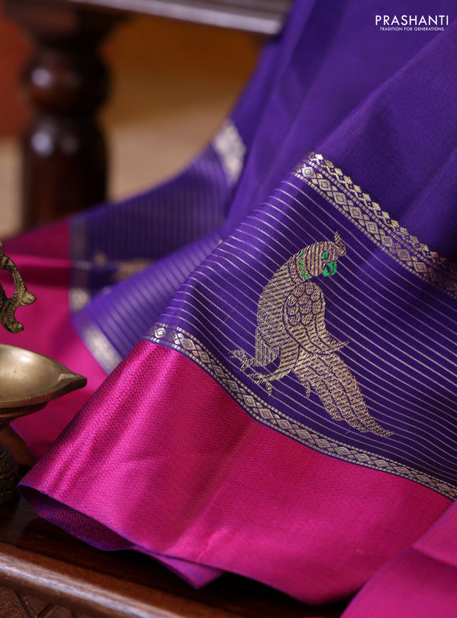 Blue-Pink Pure Kanchipuram silk saree With Zari buttas