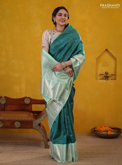 Peacock green-teal shade pure kanchipuram silk saree with allover zari checked pattern
