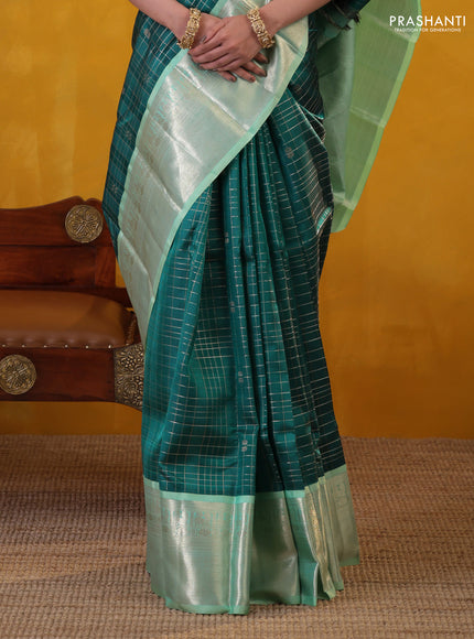 Peacock green-teal shade pure kanchipuram silk saree with allover zari checked pattern