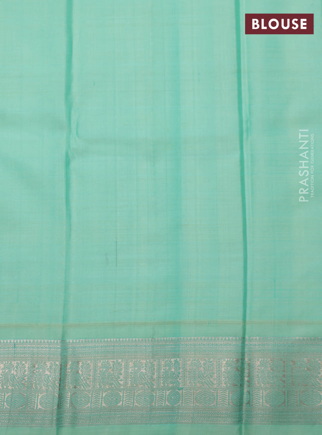 Peacock green-teal shade pure kanchipuram silk saree with allover zari checked pattern