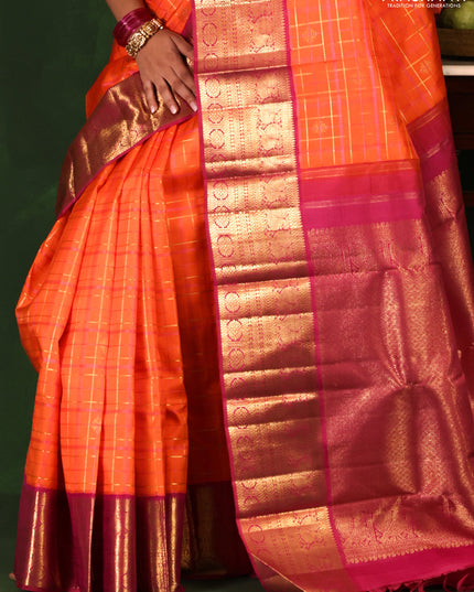Orange-Pink Pure Kanchipuram Silk Saree With allover zari checked pattern