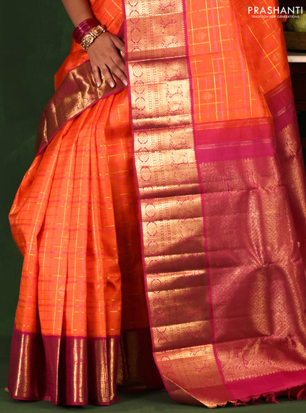 Orange-Pink Pure Kanchipuram Silk Saree With allover zari checked pattern