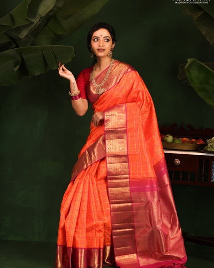 Orange-Pink Pure Kanchipuram Silk Saree With allover zari checked pattern