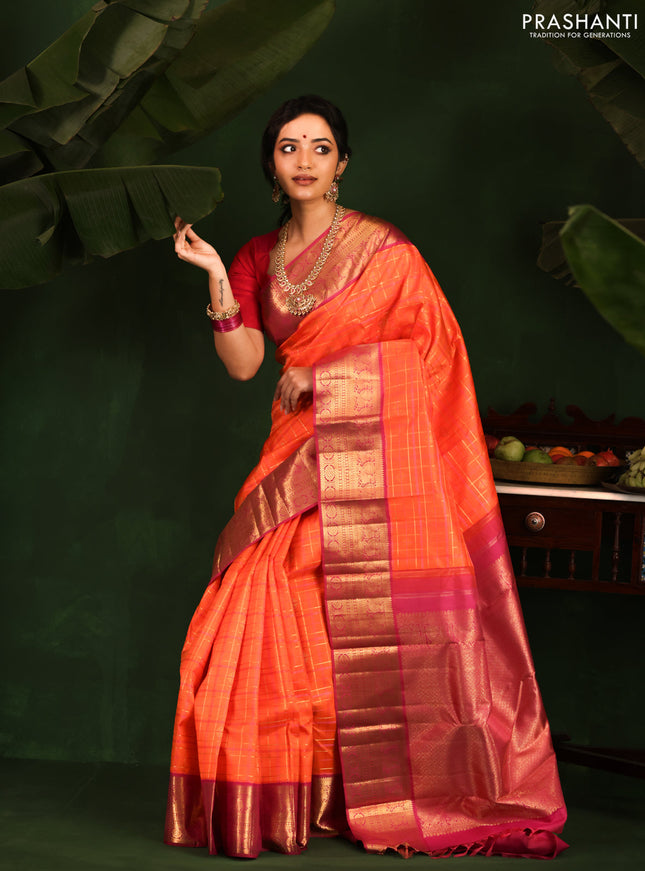 Orange-Pink Pure Kanchipuram Silk Saree With allover zari checked pattern