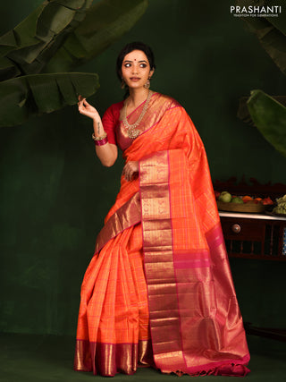 Orange-Pink Pure Kanchipuram Silk Saree With allover zari checked pattern