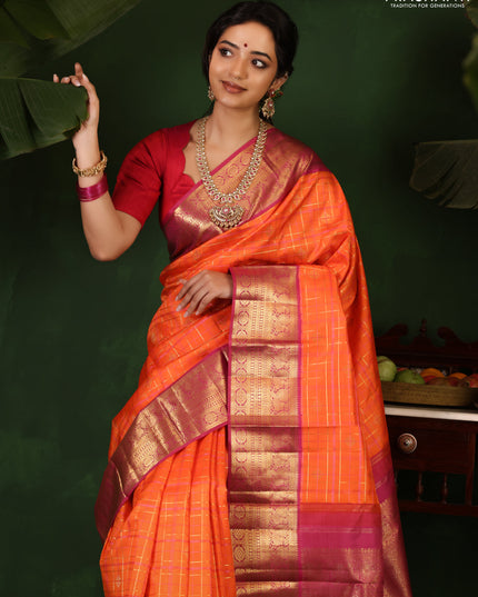 Orange-Pink Pure Kanchipuram Silk Saree With allover zari checked pattern