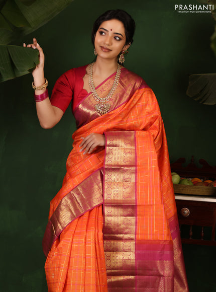 Orange-Pink Pure Kanchipuram Silk Saree With allover zari checked pattern