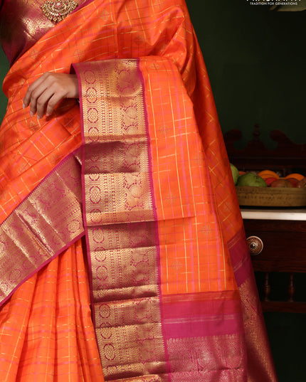 Orange-Pink Pure Kanchipuram Silk Saree With allover zari checked pattern
