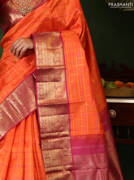 Orange-Pink Pure Kanchipuram Silk Saree With allover zari checked pattern