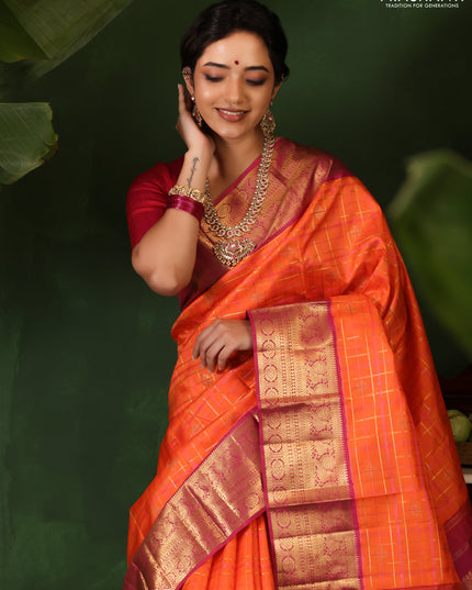 Orange-Pink Pure Kanchipuram Silk Saree With allover zari checked pattern