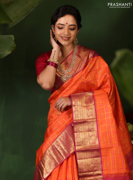 Orange-Pink Pure Kanchipuram Silk Saree With allover zari checked pattern